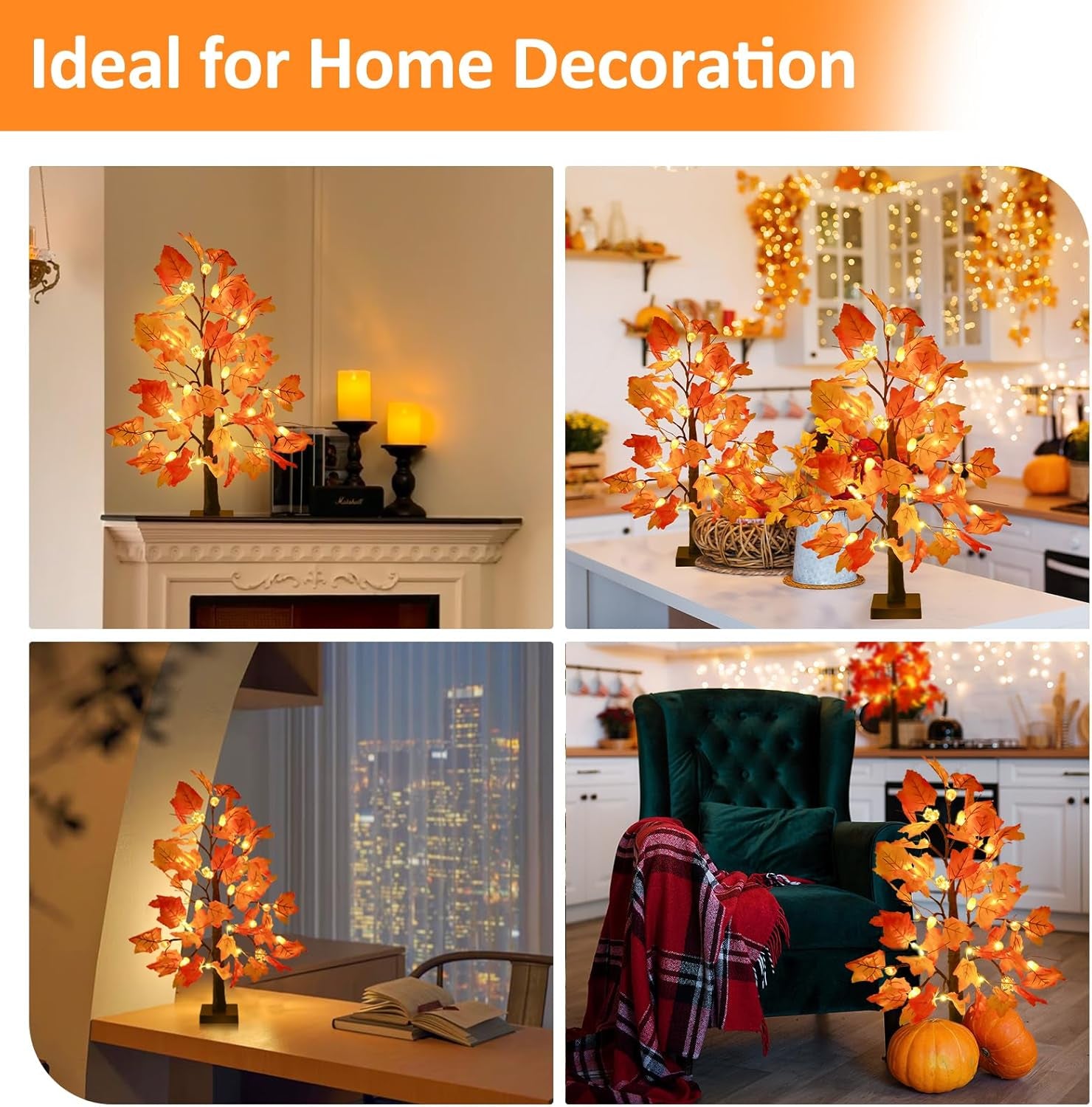 2 Pack 23.5 Inch Fall Trees with Lights, Timer Battery Operated Fall Light up Tree for Thanksgiving Autumn Home Office Room Indoor Decorations, Faux Fall Lighted Maple Trees Decor