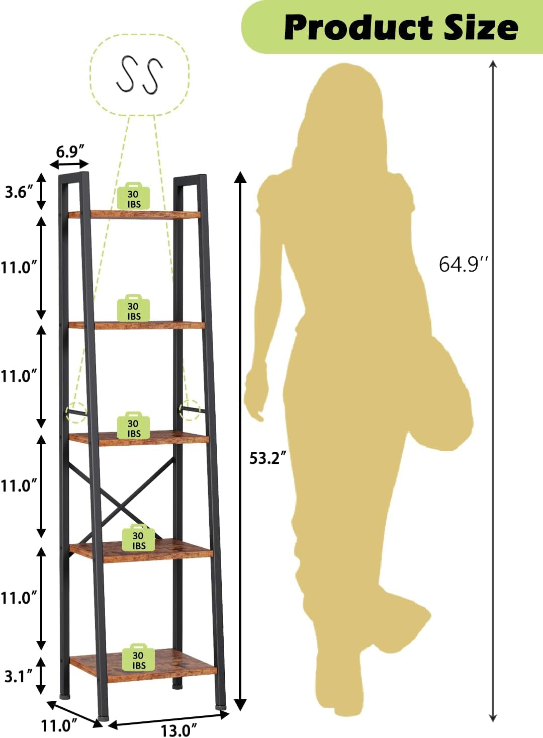 5 Tier Ladder Shelf Bookcase, Tall Narrow Bookshelf with 2 Hooks, Rustic Brown Bathroom Corner Book Shelf, Metal Wood Book Case Standing Unit, Display Shelf for Living Room Office Kitchen