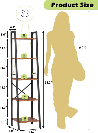 5 Tier Ladder Shelf Bookcase, Tall Narrow Bookshelf with 2 Hooks, Rustic Brown Bathroom Corner Book Shelf, Metal Wood Book Case Standing Unit, Display Shelf for Living Room Office Kitchen