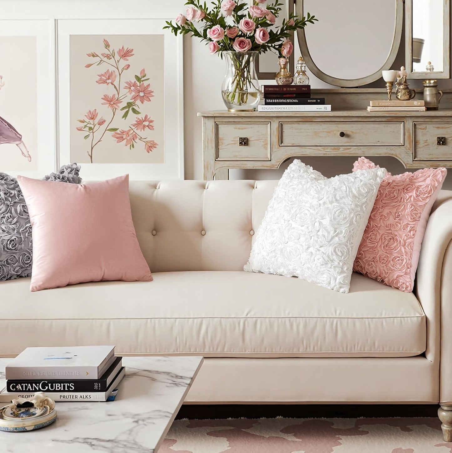 3D Decorative Romantic Valentines Stereo Chiffon Rose Flower Throw Pillow Cover Solid Pillowcase for Girl Women Wedding Sofa Bedroom Car Decor 12X20 Inch 30X50Cm White