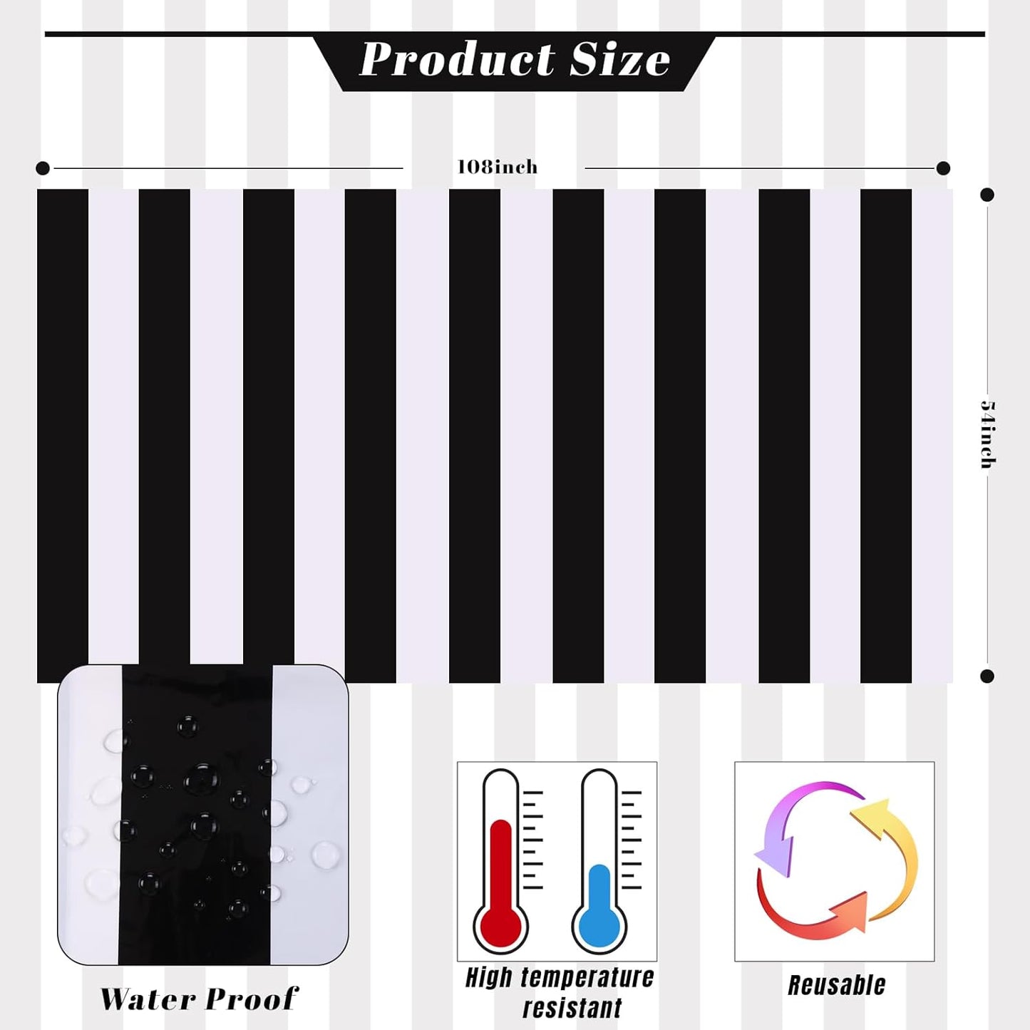 3 Packs Black and White Horizontal Striped Table Cloth 54 X 108 Inch Classic Black Stripe Tablecloths Disposable Plastic Stripe Table Covers Waterproof Picnic Tablecover for Halloween Party