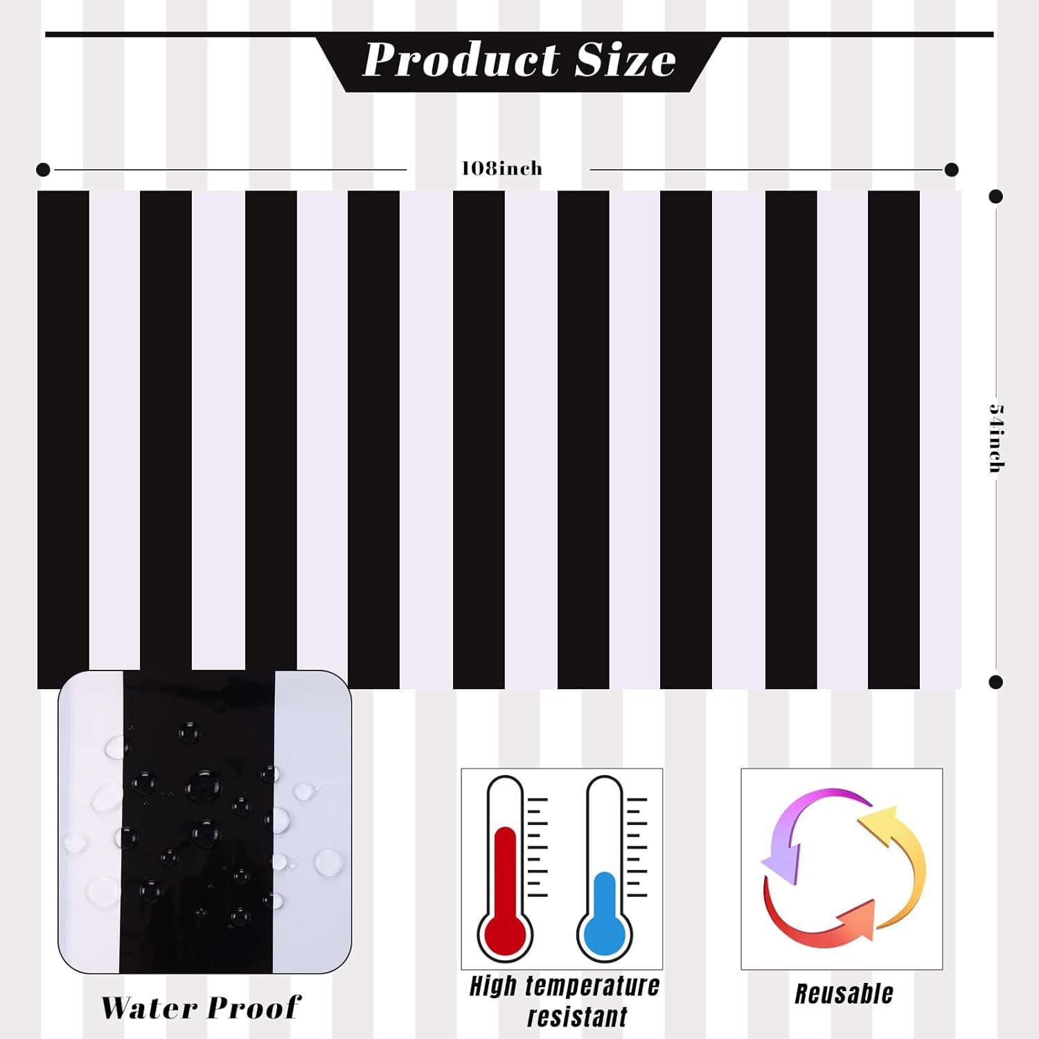 3 Packs Black and White Horizontal Striped Table Cloth 54 X 108 Inch Classic Black Stripe Tablecloths Disposable Plastic Stripe Table Covers Waterproof Picnic Tablecover for Halloween Party
