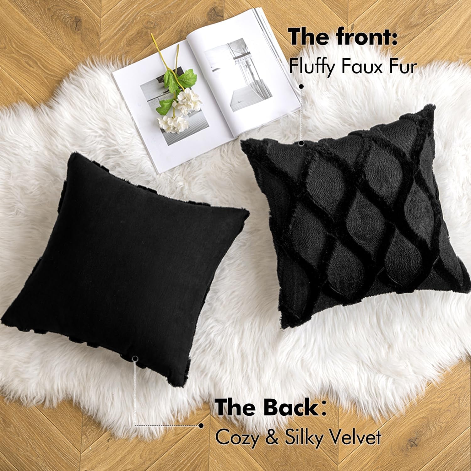 Decorative Throw Pillow Covers Black 18X18 Inch Set of 2, Soft Plush Faux Wool Couch Cushion Covers Farmhouse Throw Pillows for Couch Bed Sofa Living Room