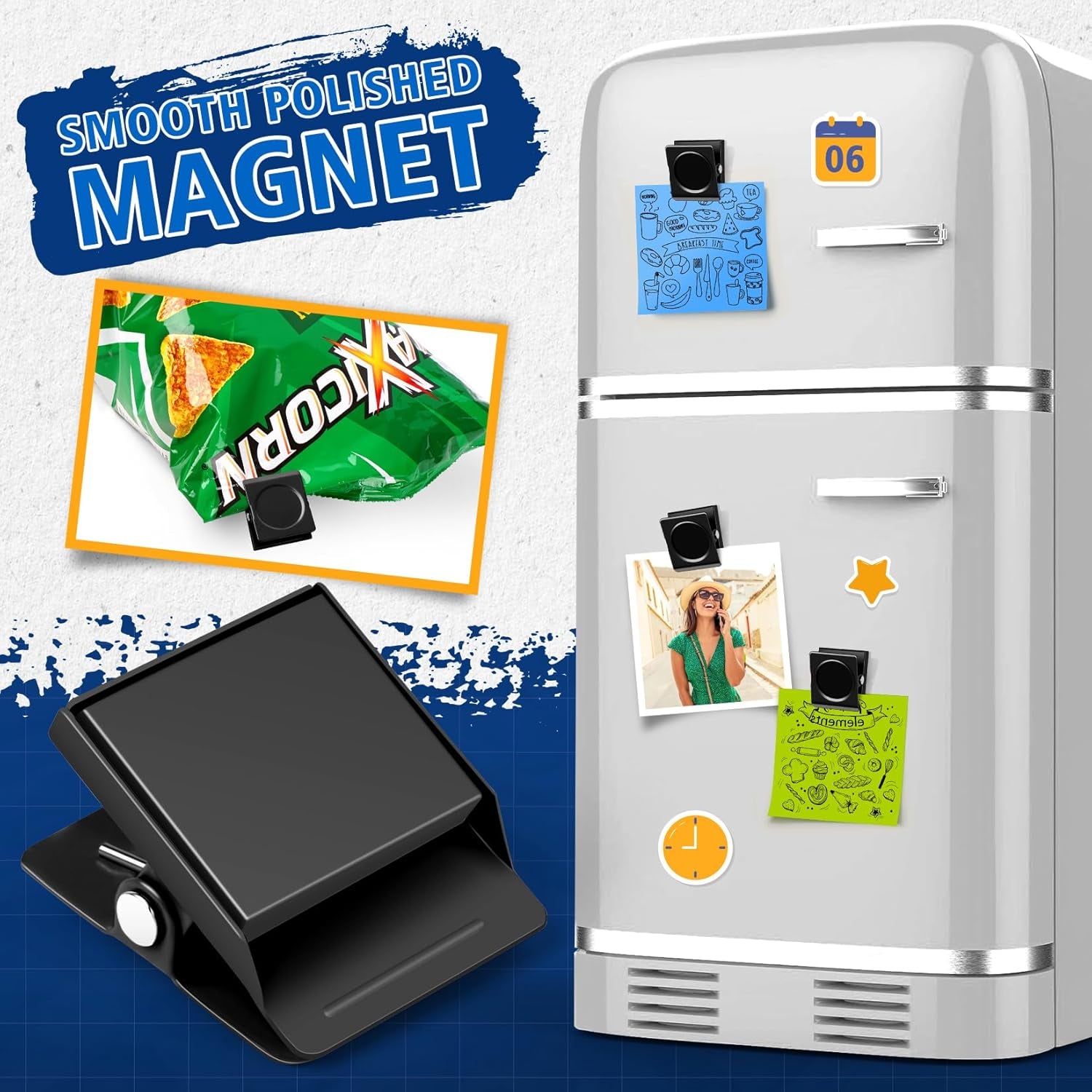 6 Pack Magnetic Clips for Refrigerator, Black Magnet Clips for Fridge, Refrigerator Magnets, Strong Magnetic Clip,Scratch Free Magnets with Clip for Refrigerator, Whiteboard, Cruise, Locker