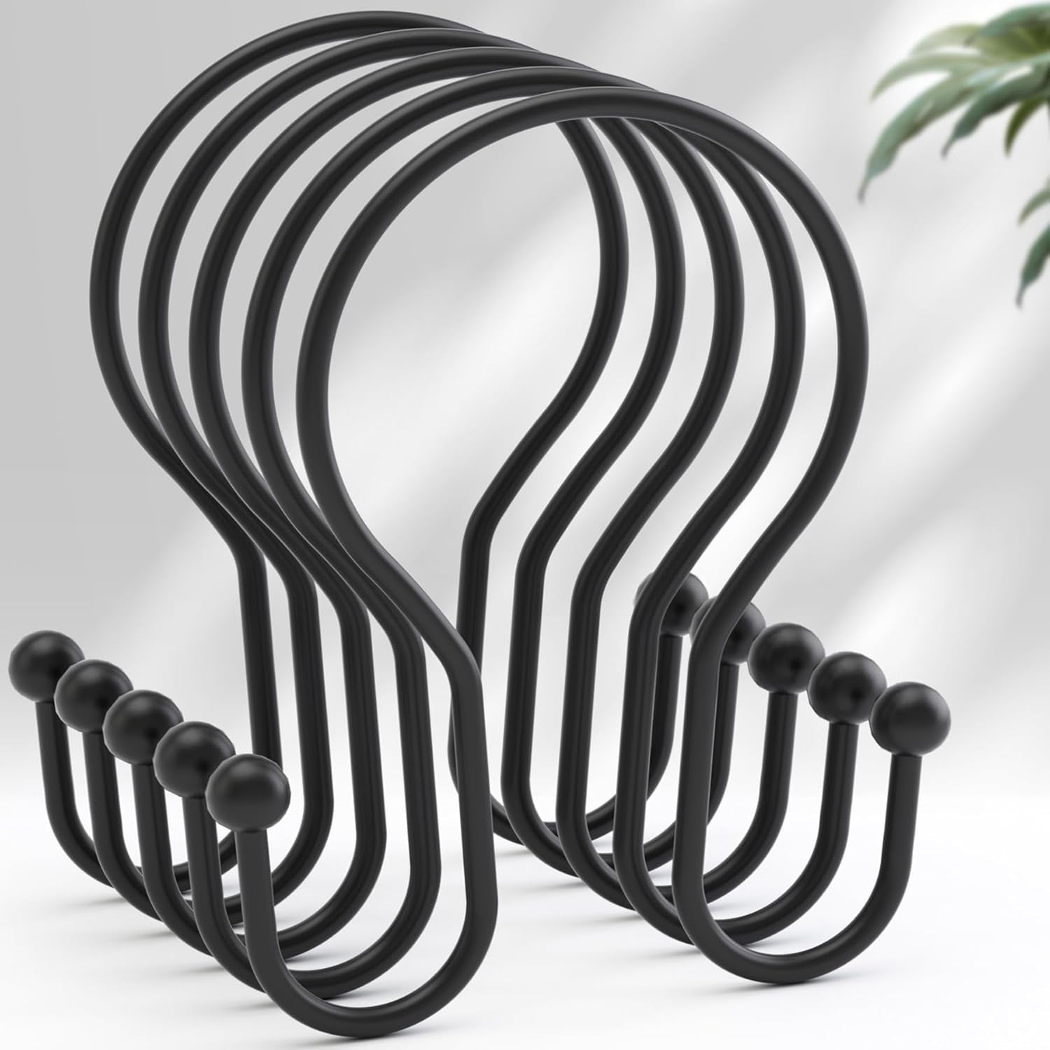 Shower Curtain Hooks Black Shower Curtain Rings, Simple Double Hook Shower Curtain Hooks Rust Proof, Smooth Sturdy Metal Shower Hooks for Shower Curtain Rod, 12 Pcs Shower Rod Hooks