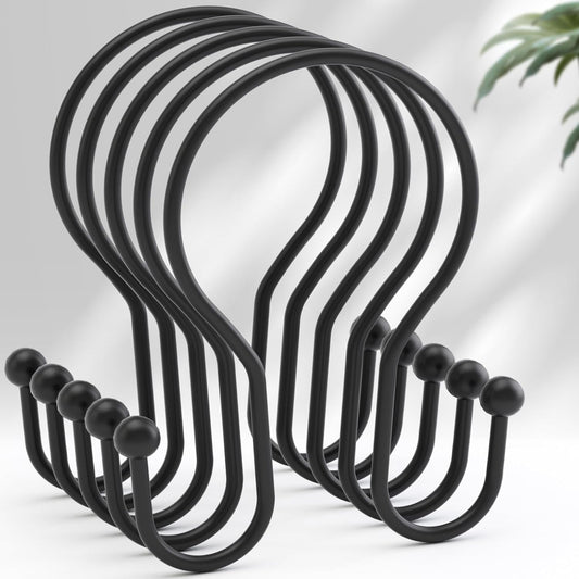 Shower Curtain Hooks Black Shower Curtain Rings, Simple Double Hook Shower Curtain Hooks Rust Proof, Smooth Sturdy Metal Shower Hooks for Shower Curtain Rod, 12 Pcs Shower Rod Hooks