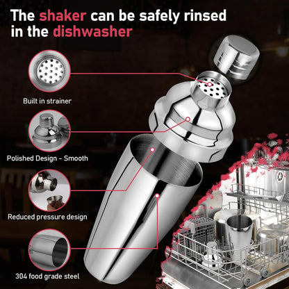 25 oz Professional Cocktail Shaker Set - Includes Martini Shaker, Margarita Mixer, Measuring Jigger, and Mixing Spoon - Premium 18/8 Stainless Steel Bar Tools for Mixology