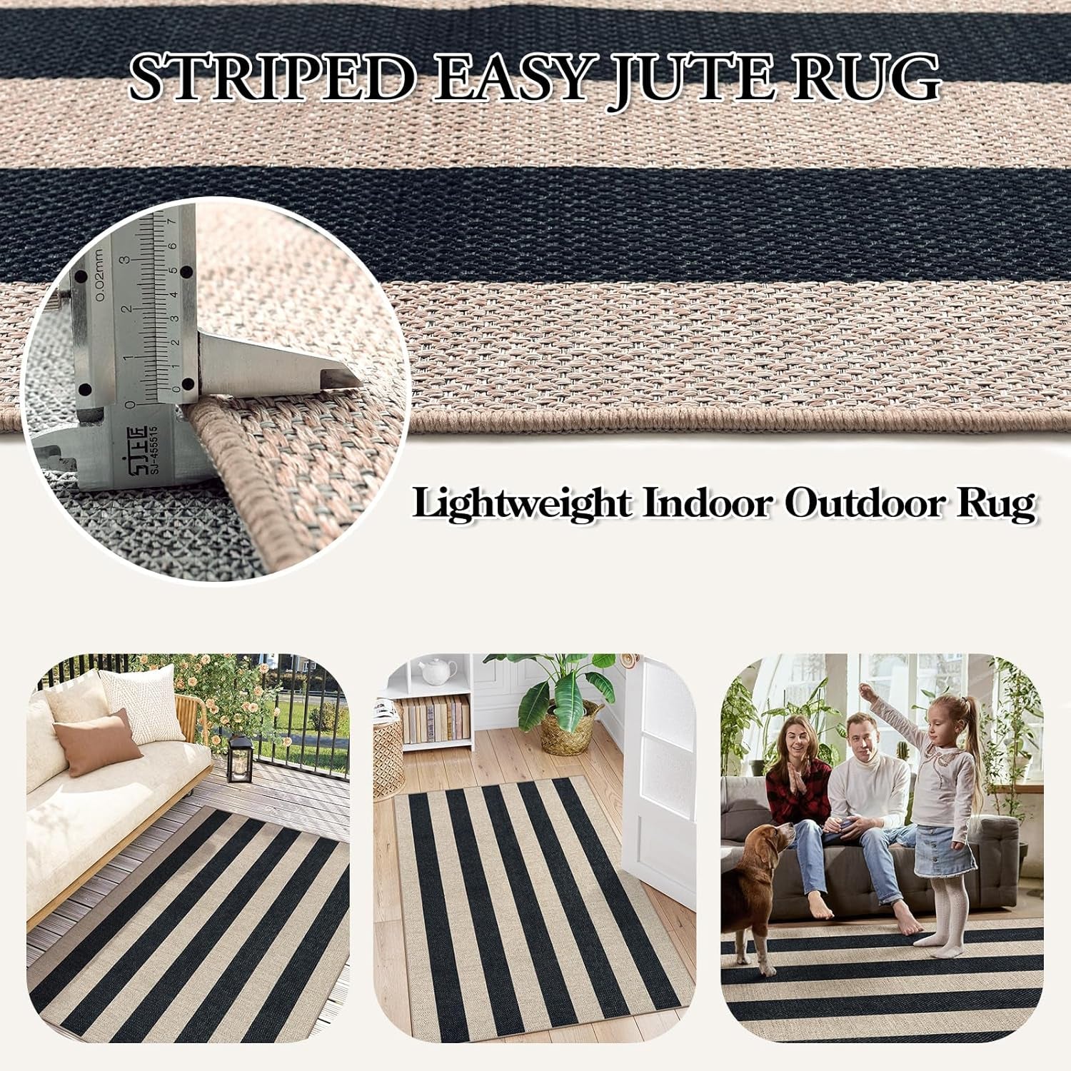 Striped Easy Jute Outdoor Patio Rug, 3X5 Washable Rugs for Entryway Porch, Farmhouse Neutral Non Shedding Indoor Outdoor Carpet for Entry Kitchen Guestroom Deck Foyer