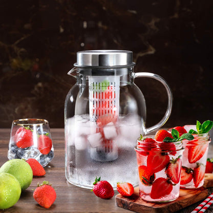 Glass Water Pitcher, Fruit Infuser Pitcher with Removable Lid, High Heat Resistance Infusion Carafe for Hot/Cold Water, Flavor-Infused Beverage & Iced Tea - 2 Qt