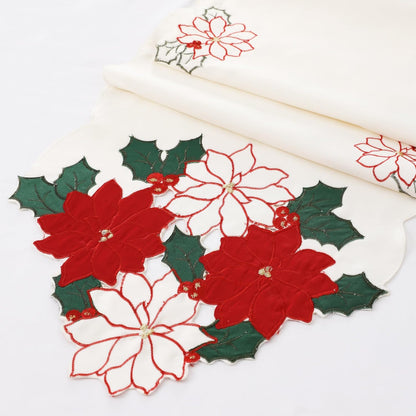 Christmas White Table Runner 13X70 Inches Long, Embroidered Red Poinsettia Flower Christmas Runner for Table, Xmas Dresser Scarves Holiday Parties Kitchen Farmhouse Dinner Decor