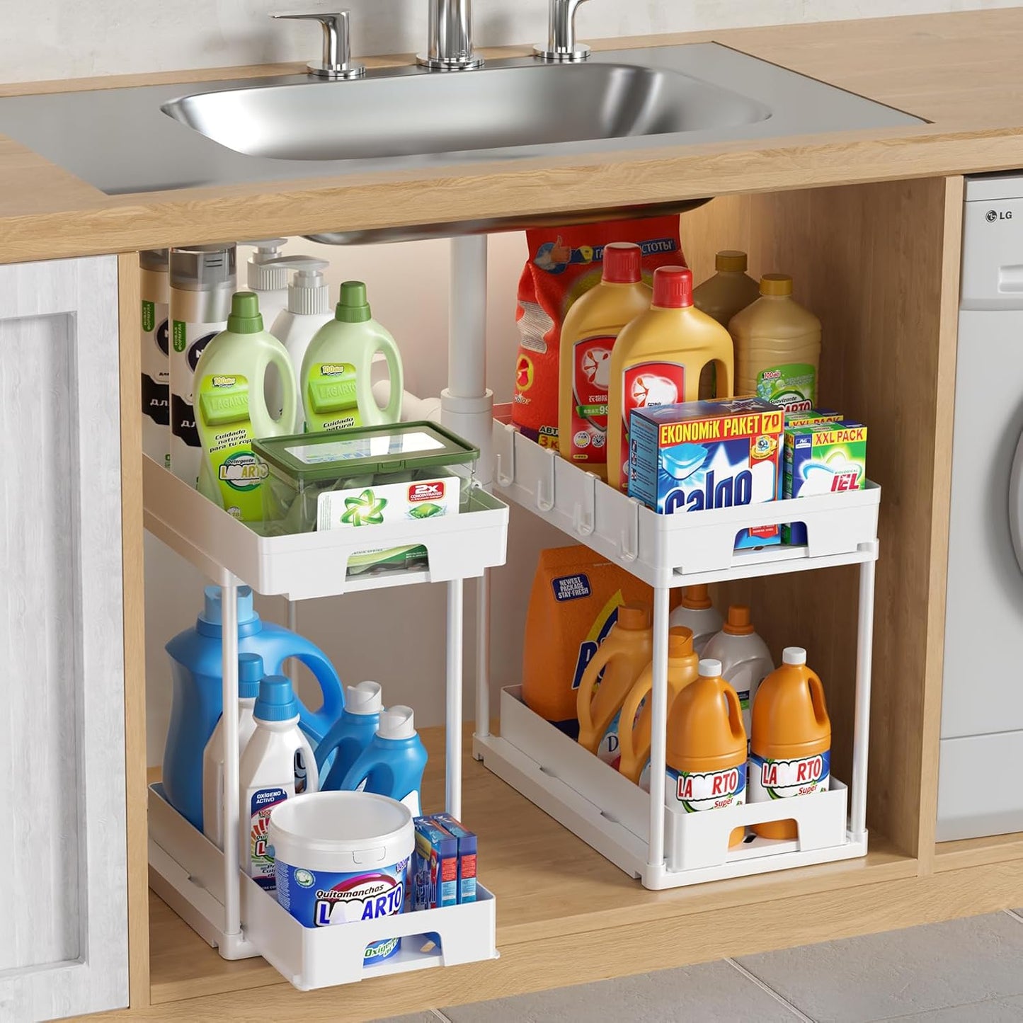 under Sink Organizers and Storage, 2 Pack Pull Out Kitchen Bathroom Cabinet Organizer, 2 Tier White under Sink Storage for Bathroom Kitchen, under Counter Storage Organizer with 8 Hooks