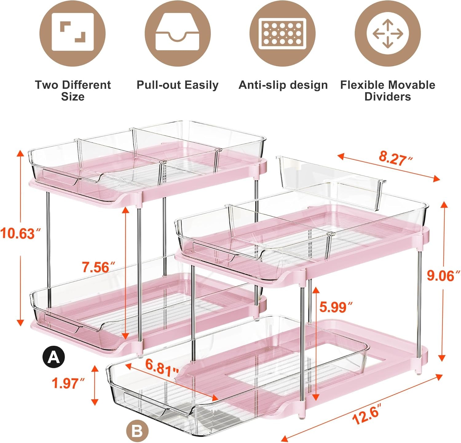 2 Sets of 2-Tier Multi-Purpose Bathroom under Sink Organizers and Storage, Stackable Kitchen Pantry Organization, Pull Out Medicine Cabinet Organizer with 8 Movable Dividers, Pink