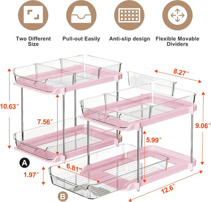 2 Sets of 2-Tier Multi-Purpose Bathroom under Sink Organizers and Storage, Stackable Kitchen Pantry Organization, Pull Out Medicine Cabinet Organizer with 8 Movable Dividers, Pink