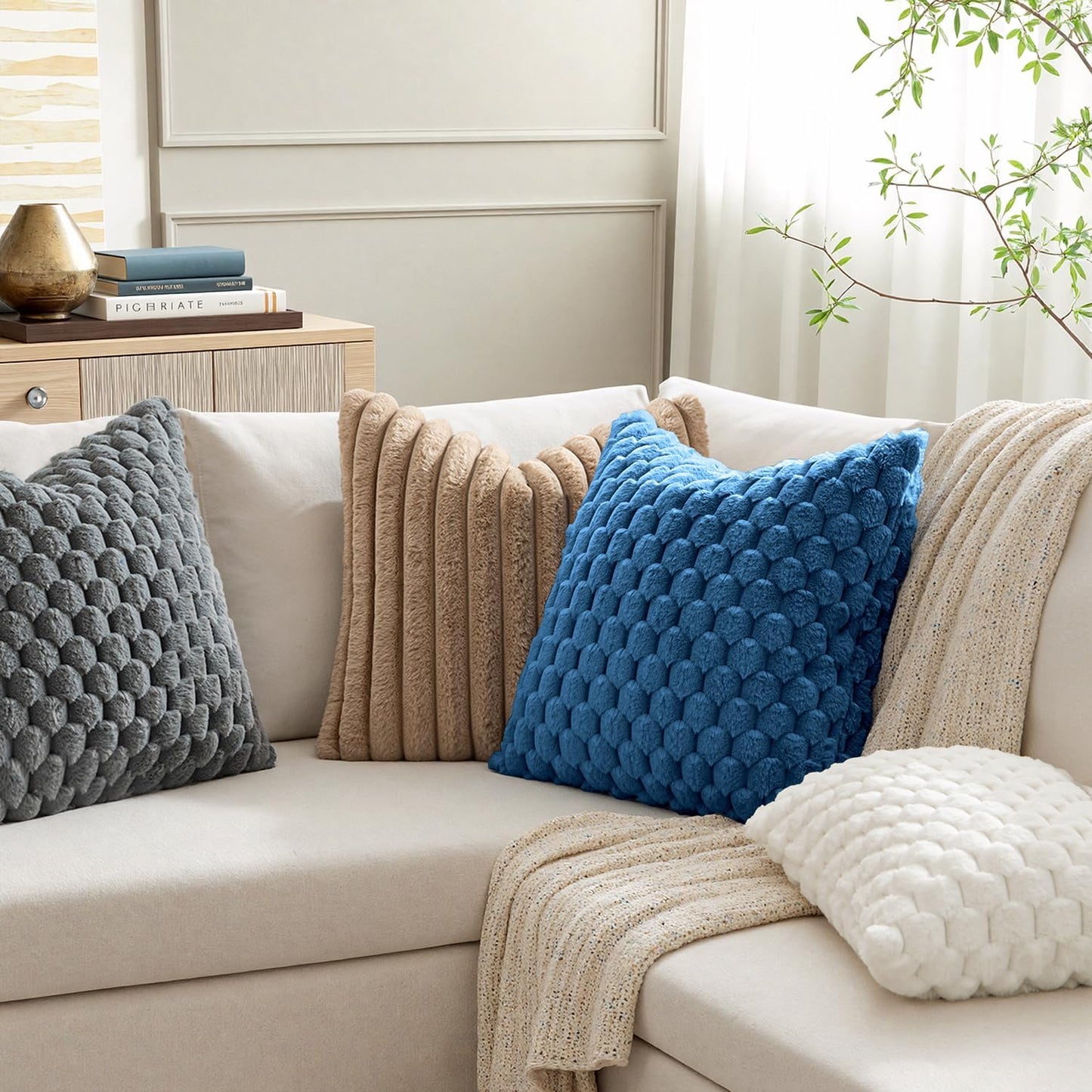 Navy Blue Faux Fur Decorative Throw Pillow Covers 18X18 Inch Set of 2 Super Soft Cozy Plush Cushion Cases Luxury Fluffy Pillowcases for Sofa Couch Bed Living Room