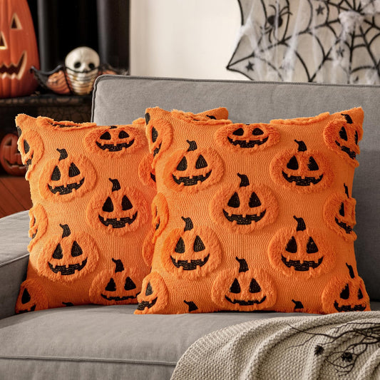 Fall Halloween Throw Pillow Covers 18X18 Decorative Pumpkin Pattern Pillowcases Soft Plush Faux Wool Cushions for Home Patio Sofa Couch,Orange-Black