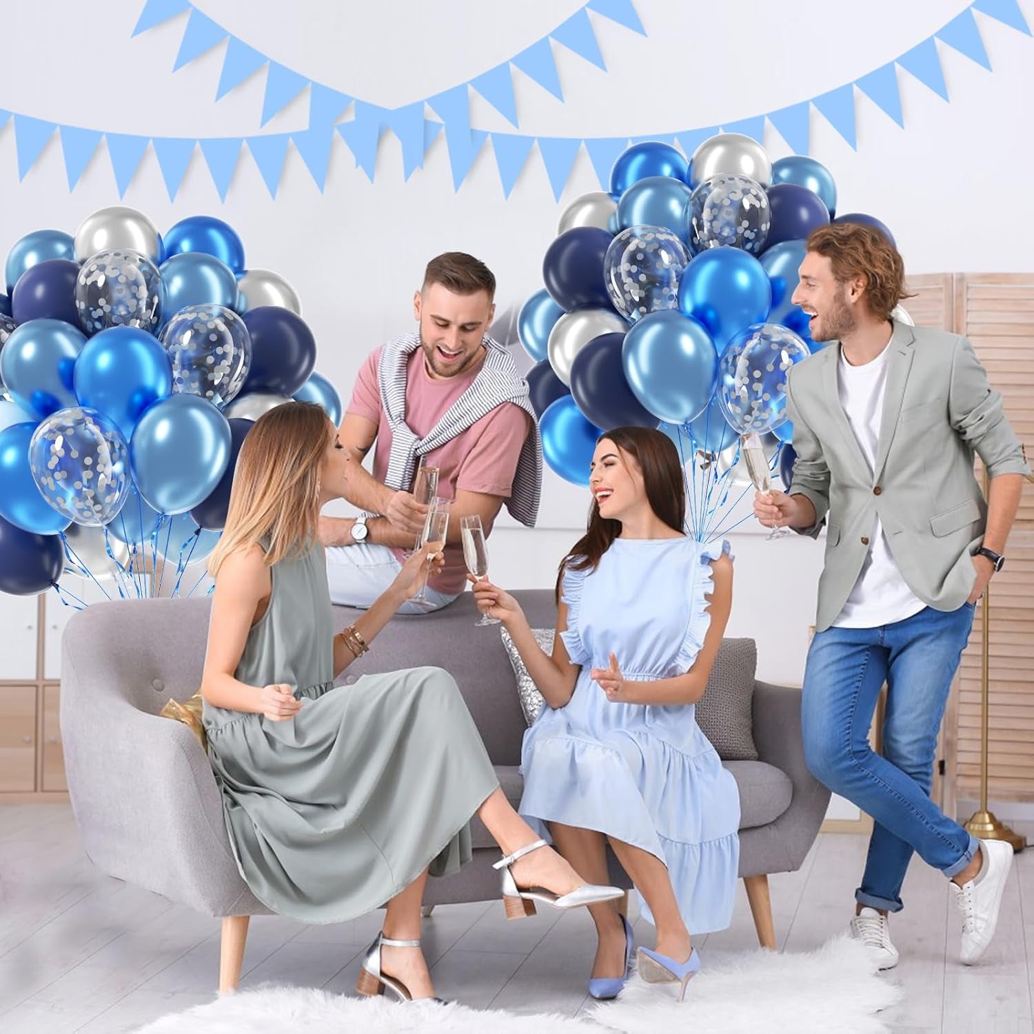 60Pcs Blue and Silver Balloons 12Inch with Navy Blue Pastel Blue Silver Confetti Balloons for Graduation Baby Shower Wedding Birthday Party Decorations