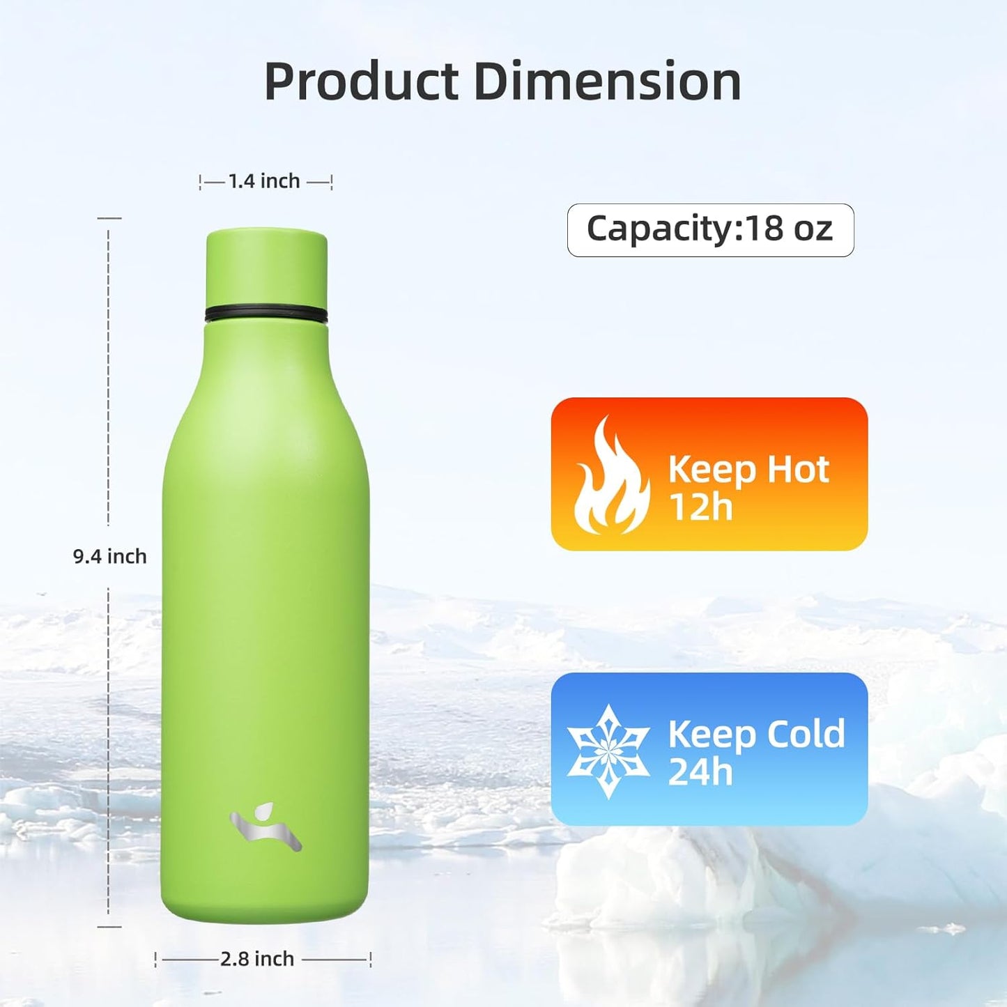 Insulated Water Bottle with Strap,18 Oz Double Wall Stainless Steel Vacuum Bottles Metal Water Flask,Green