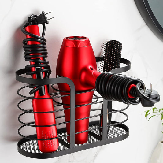 Wall-Mounted Hair Dryer Holder - Adhesive Bathroom Organizer for Hot Tools and Electric Shavers, Black