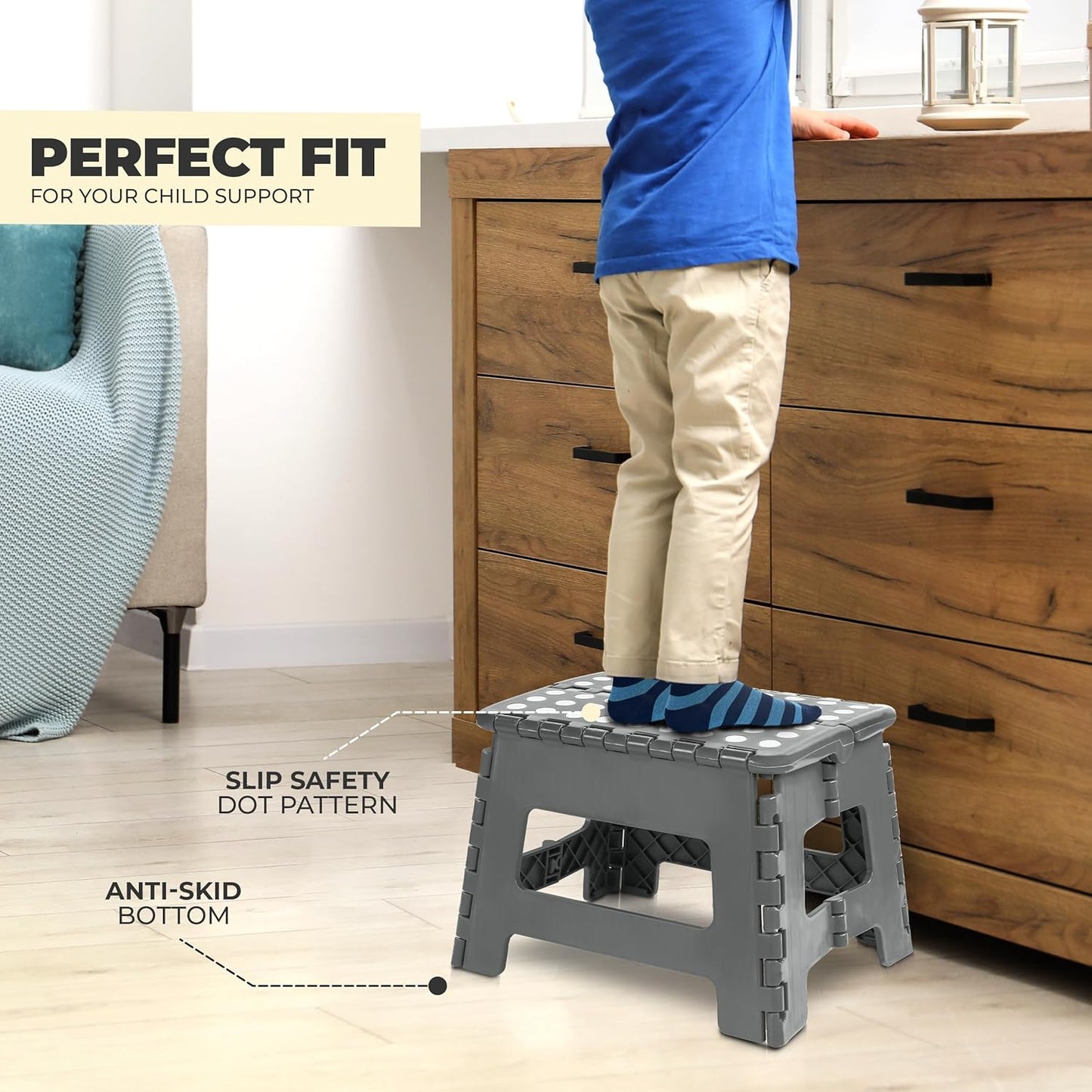 Folding Step Stool with 9 Inch Height (Pack of 1) - Holds up to 300 Lbs - Lightweight Plastic Foldable Step Stool for Kitchen, Bathroom & Living Room (Light Grey)