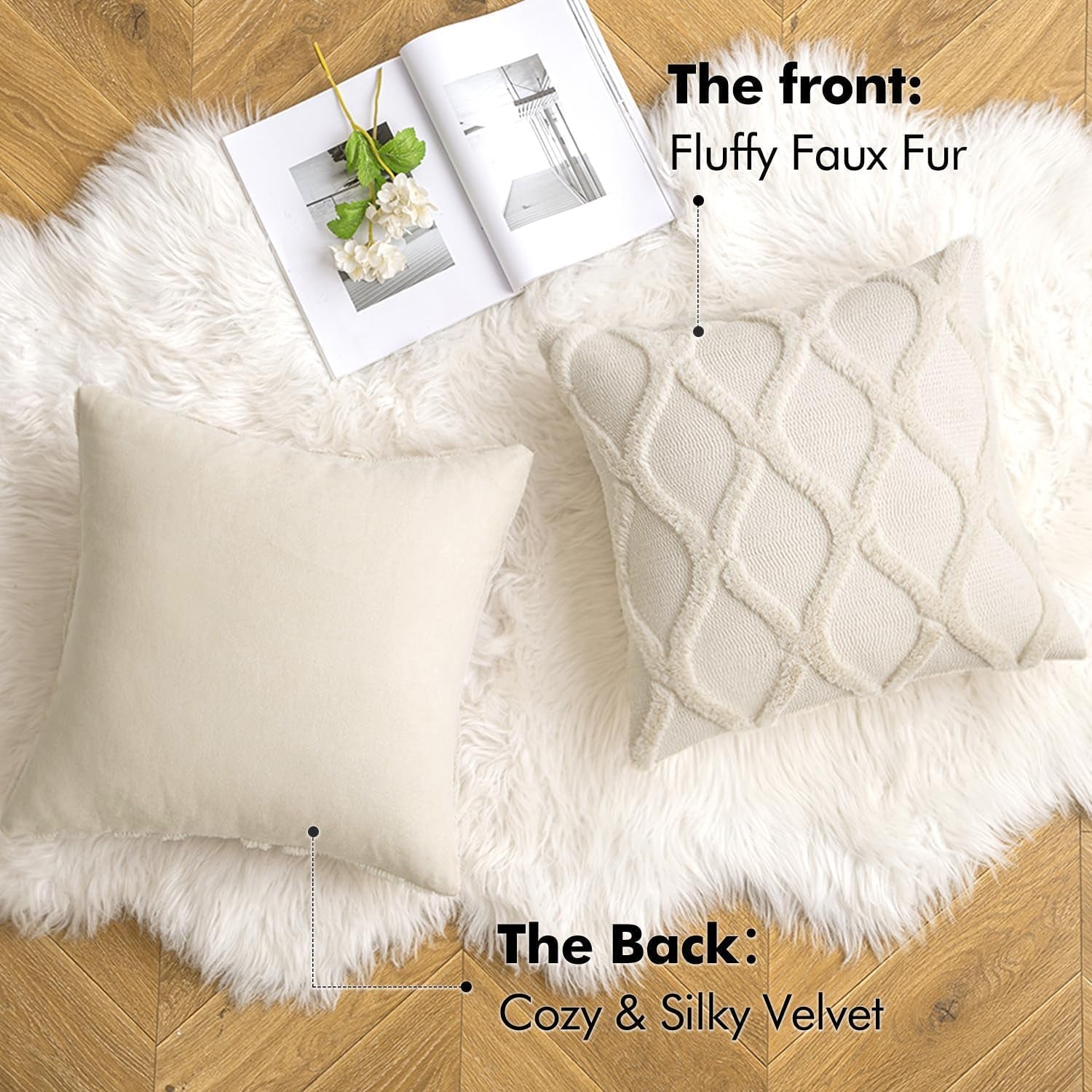 Spring Decorative Throw Pillow Covers Beige 18X18 Inch Set of 2, Soft Plush Faux Wool Couch Cushion Covers Farmhouse Throw Pillows for Couch Bed Sofa Living Room