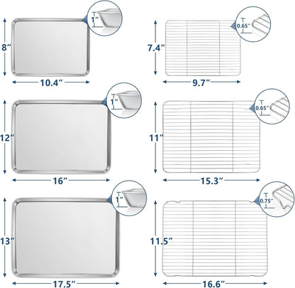 17.5 + 16 + 10.4 Inch Baking Sheets with Racks Set, Stainless Steel Baking Cookie Sheet Oven Pan and Cooling Rack, Healthy & Easy Clean, Oven & Dishwasher Safe, 3 Sizes & 6Pcs