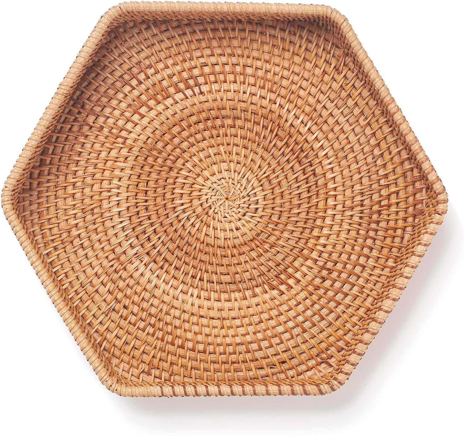 Hexagon Rattan Serving Tray for Coffee Table Woven Decorative Basket Trays for Ottoman Natural (9.8Inch X 2Inch)