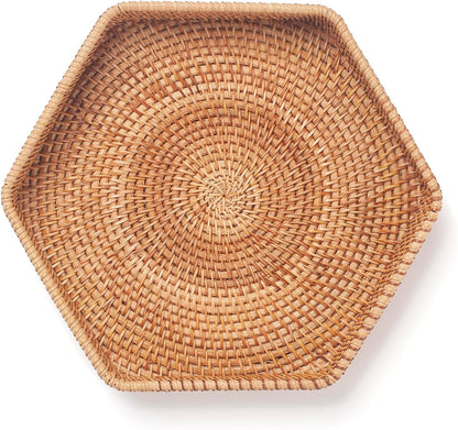 Hexagon Rattan Serving Tray for Coffee Table Woven Decorative Basket Trays for Ottoman Natural (9.8Inch X 2Inch)