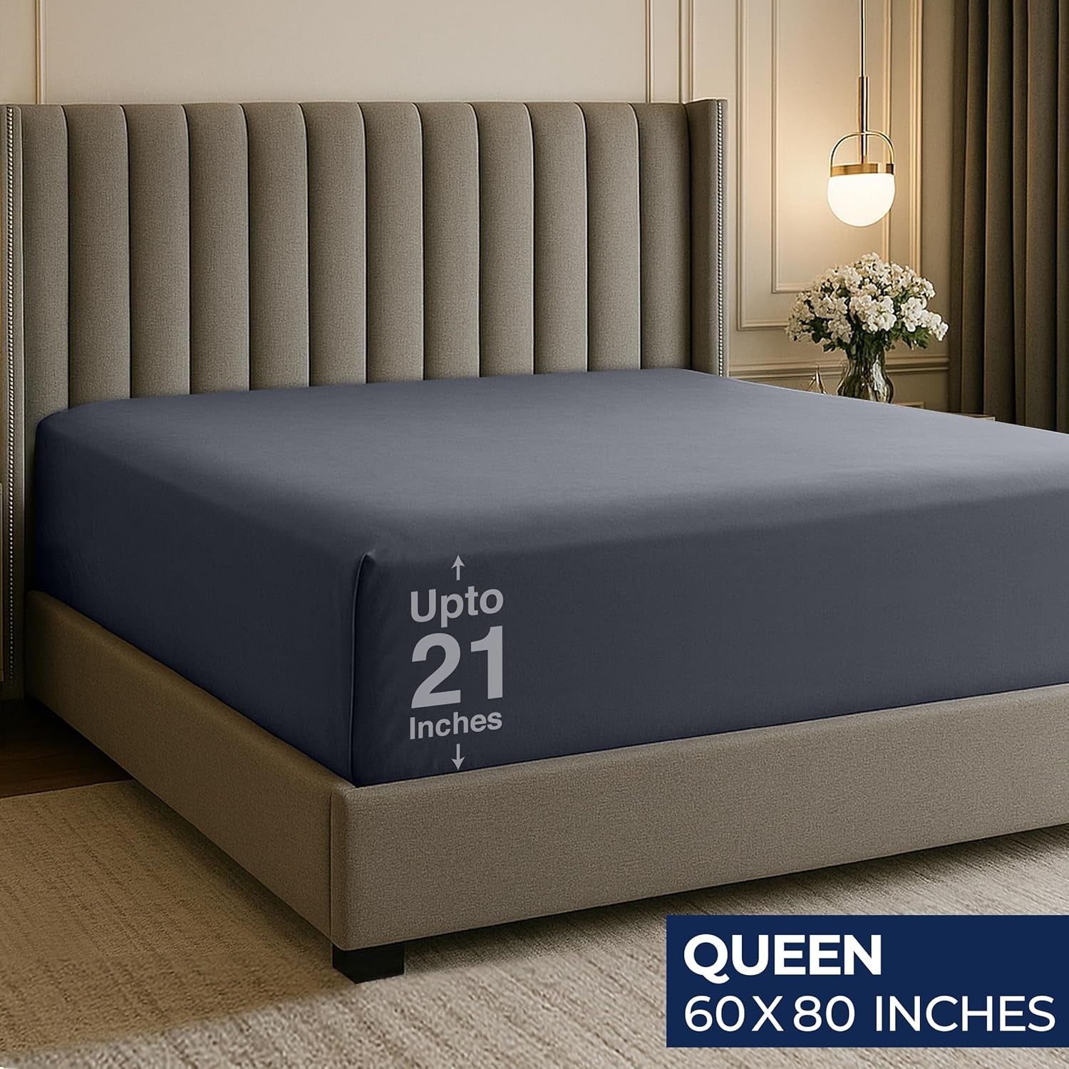 Queen Fitted Sheet Deep Pocket - Extra Deep Pocket Fitted Sheet - Fits up to 21 Inch Mattress - Shrinkage and Fade Resistant - Easy Care - 1 Fitted Sheet Deep Pocket Only (Grey)