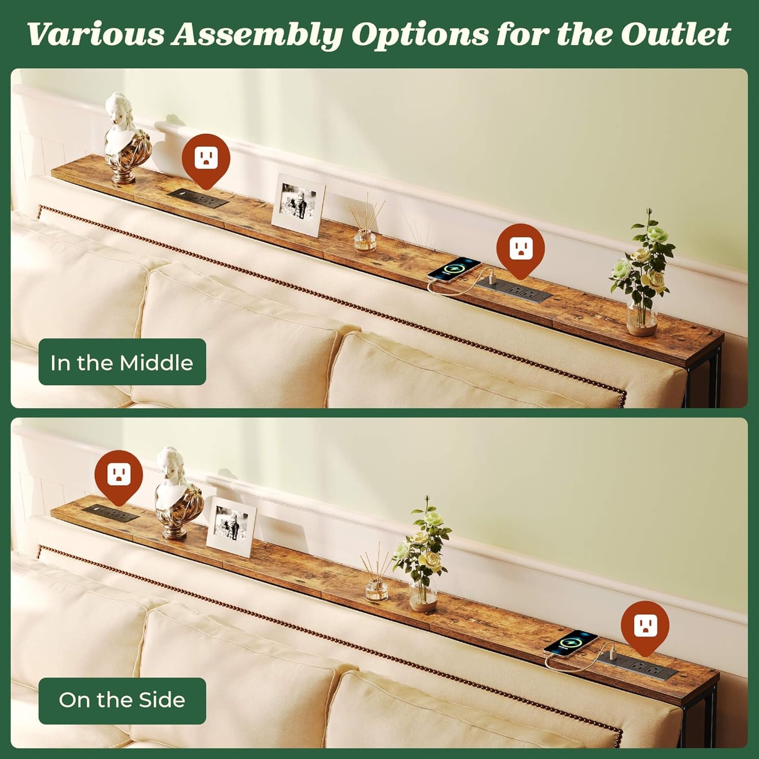 78.8-Inch Rustic Brown Narrow Console Table Set with Charging Station - Dual Sofa Tables for Living Room and Entryway