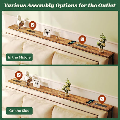 78.8-Inch Rustic Brown Narrow Console Table Set with Charging Station - Dual Sofa Tables for Living Room and Entryway