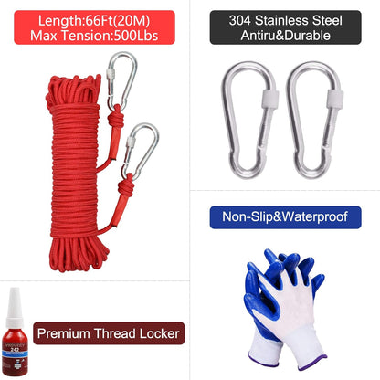 Heavy-Duty Magnet Fishing Kit - 500 lbs (227 kg) Pulling Force Magnet with 20M (65 ft) Durable Rope, Two Carabiners, and Non-Slip Protective Gloves