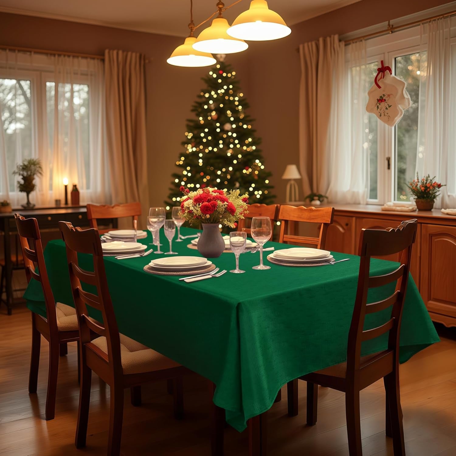 Faux Linen Tablecloths 60 x 84 Inches - Set of 2 Hunter Green Rectangular Table Covers for Parties, Banquets, Kitchen Dining, and Farmhouse Decor