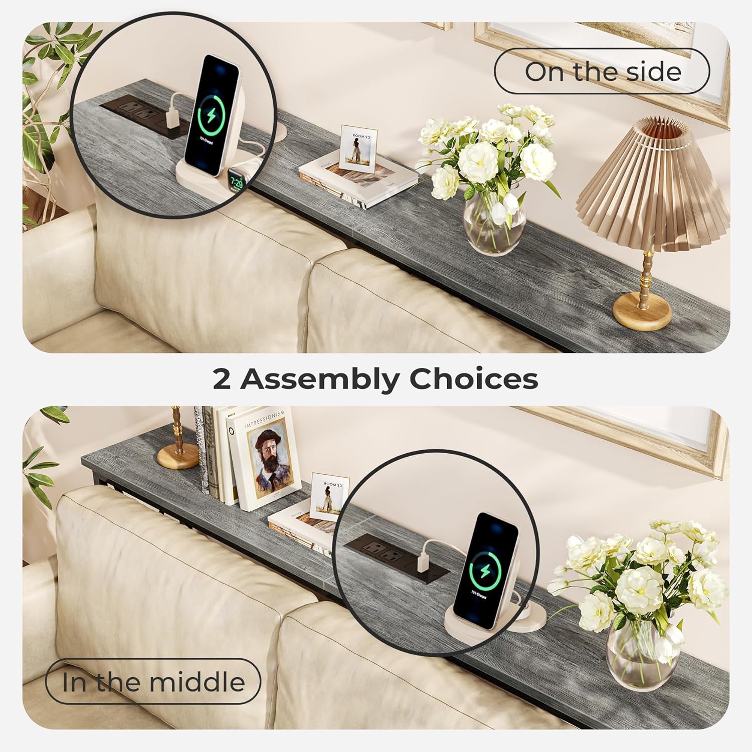 70-Inch Console Table with Integrated Outlets and USB-C Port, Extra Long X-Shaped Design for Entryway and Living Room, Metal Frame with Wooden Top, Grey Finish