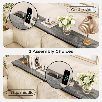 70-Inch Console Table with Integrated Outlets and USB-C Port, Extra Long X-Shaped Design for Entryway and Living Room, Metal Frame with Wooden Top, Grey Finish