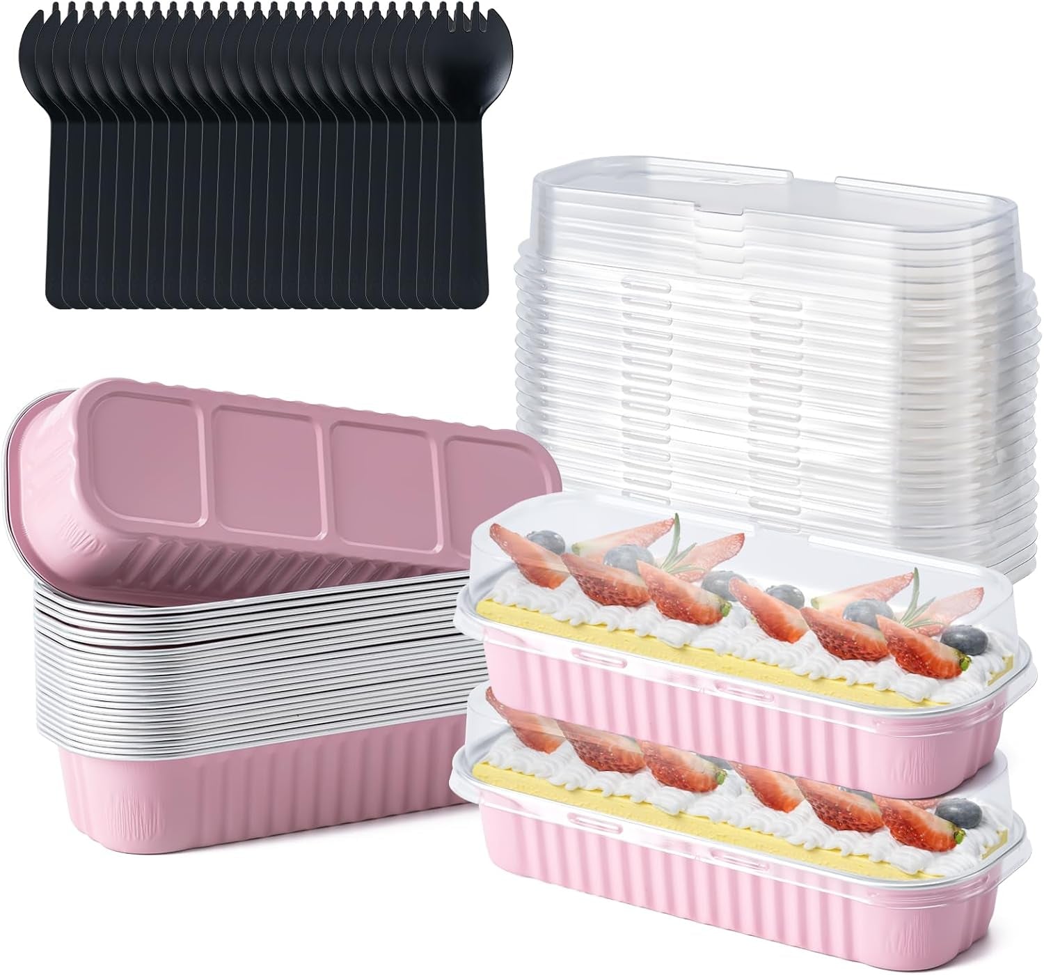 Mini Cake Pans with Lids and Spoons, Small Aluminum Foil Loaf Pans, Rectangular Baking Containers for Party and Picnics, 25 Pack, 6.8Oz (Pink)