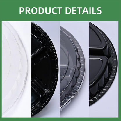 10 Pcs Plastic Appetizer Serving Tray with Lid round 12.5 Inch with Lid Disposable Serving Fruit Veggie Catering Tray with 6 Divided Compartment for Fruit Snack Veggie Party