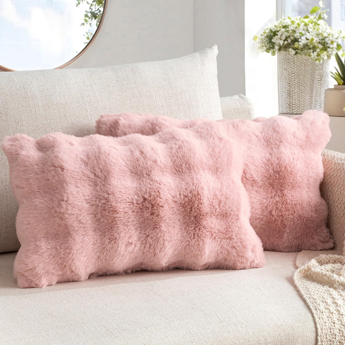 Set of 2 Luxurious Light Pink Faux Fur Lumbar Pillow Covers, 12x20 Inch, Soft Plush Decorative Cushions for Sofa, Couch, and Bedroom Decor