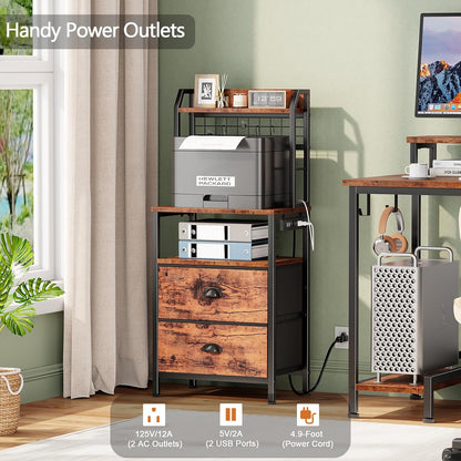 40'' Tall Nightstand with Charging Station, Bedside Table with LED Lights, End Table with 2 Drawers and Storage Shelves, Night Stand with Pegboard for Bedroom, Rustic Brown