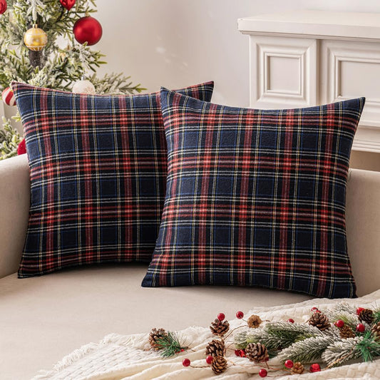Scottish Tartan Plaid Throw Pillow Covers - Set of 2, 18x18 Inch Decorative Cushion Cases for Farmhouse and Outdoor Use, Blue