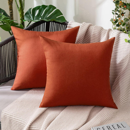 Pack of 2 Decorative Outdoor Solid Waterproof Fall Throw Pillow Covers Faux Linen Garden Farmhouse Cushion Cases for Summer Patio Tent Balcony Couch Sofa 18X18 Inch Burnt Orange Terracotta