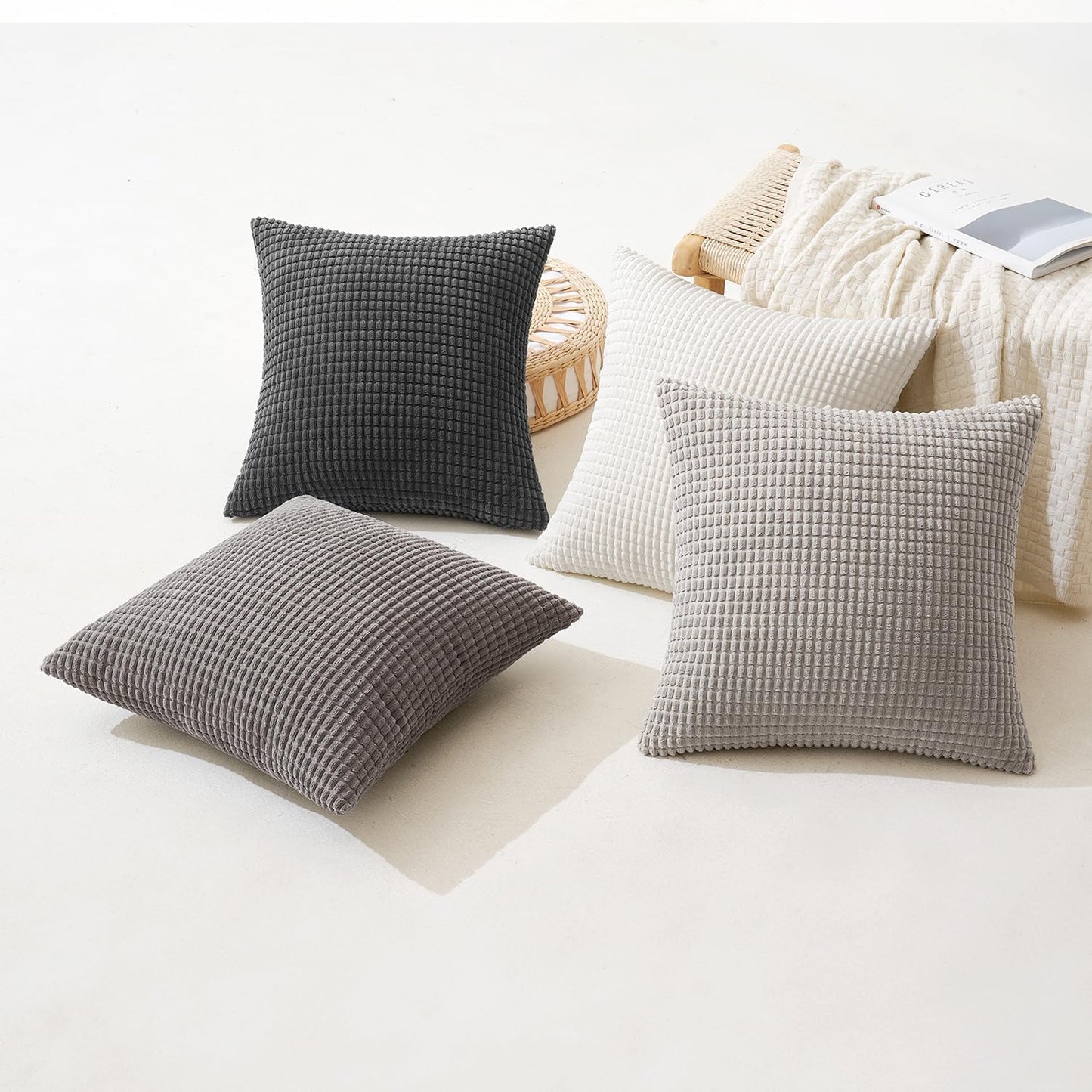 Timeless Neutral Pillow Covers 18X18 Inch Set of 4 Mid Century Modern Grey Throw Pillows Rustic Corduroy Couch Pillowcases Nordic Home Decor for Sofa Living Room Bed