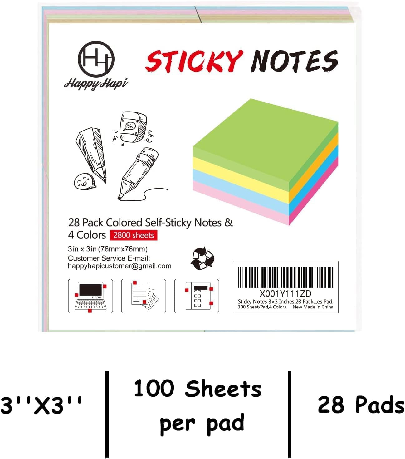 Sticky Notes 3X3 Inches Bulk 28 Pack 2800 Sheets Colored Self-Stick Pads, 100 Sheets/Pad, 4 Bright Colors (Yellow, Green, Pink, Blue) for Office Supplies, School, Home