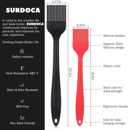 Silicone Pastry Basting Brush - 2Pcs 10 + 8 in Heat Resistant Brush for Baking Cooking Food, BPA Free Kitchen Brush for Sauce Butter Oil, Stainless Steel Core Design for Barbecue BBQ Grilling