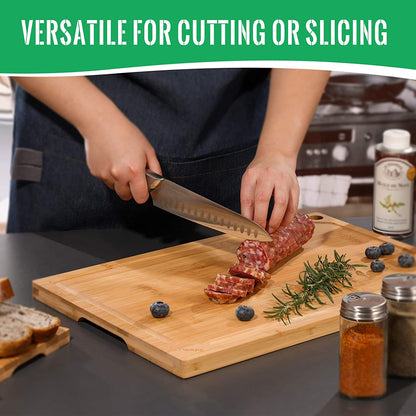 Extra Large Bamboo Cutting Board for Kitchen, Heavy Duty Wood Cutting Board with Juice Groove, 100% Organic Bamboo, Pre Oiled, 18" X 12" X 0.6"