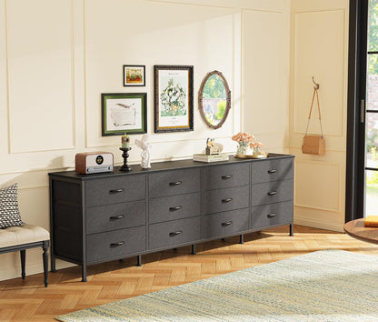 70-Inch Black Dresser and TV Stand for 65-80 Inch TVs with 12 Fabric Drawers - Wide Storage Chest for Bedroom and Living Room