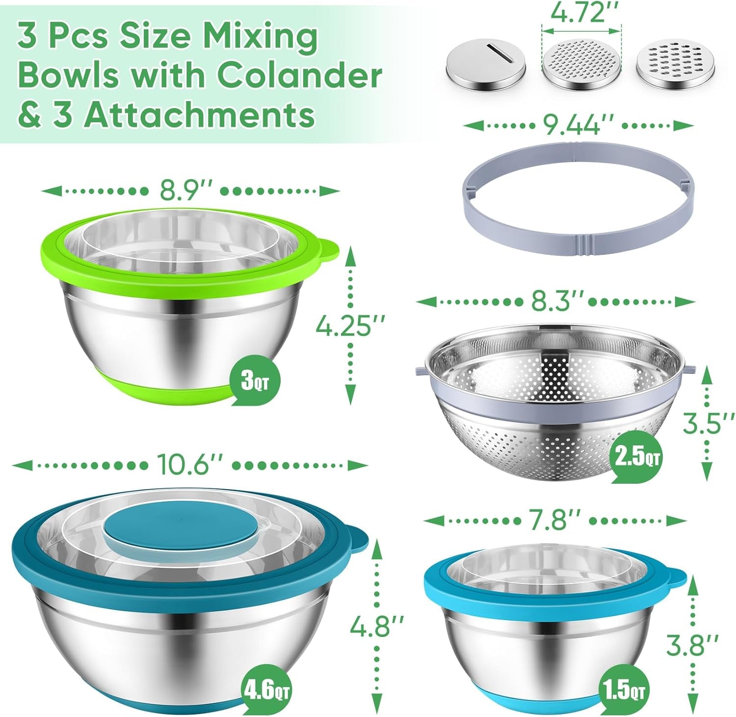 Mixing Bowls with Lids Set of 3, Stainless Steel Mixing Bowl and Colander for Kitchen, 3 Grater Attachments & Non-Slip Bottoms, Visible & Airtight Lid, Multicolor