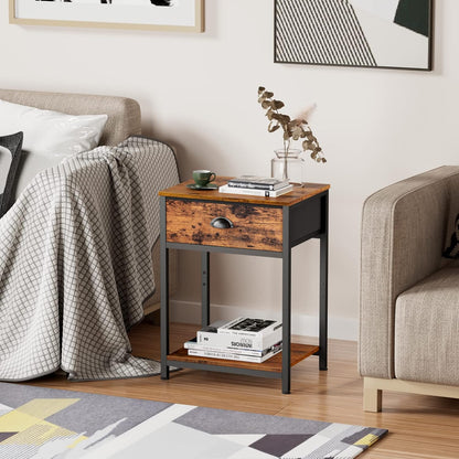 End Table with Storage Shelf and Fabric Drawer, 2 Tiers Industrial Nightstand, Bedside Table Organizer for Living Room Bedroom, Rustic Brown, Easy Assembly