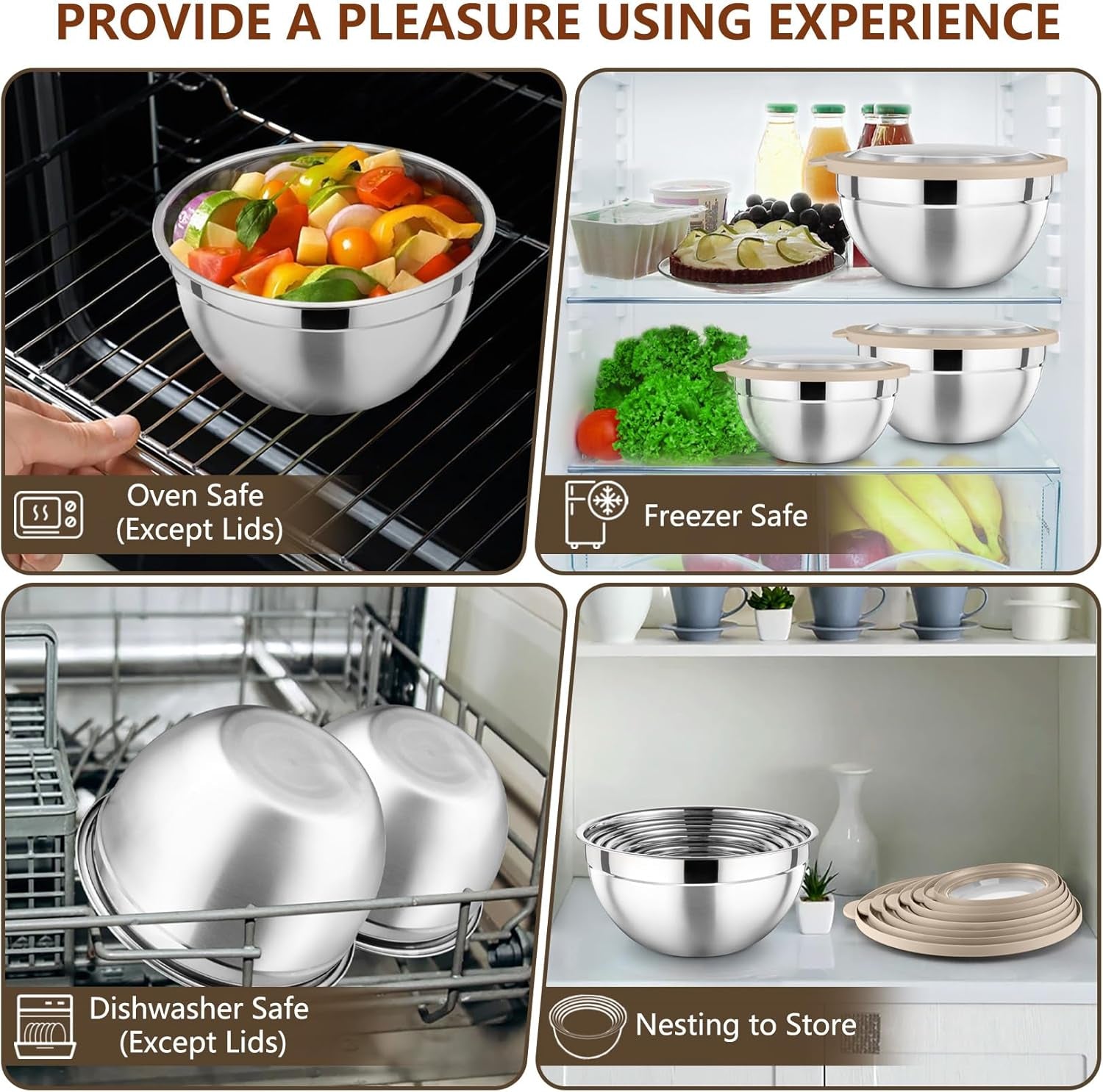 Mixing Bowl with Lid Set of 7, Stainless Steel Nesting Salad Bowls for Cooking Serving Prepping, Clear Lids & Stackable Design, Size 4.6, 3.5, 3, 2, 1.5, 1, 0.7 Qt - Khaki