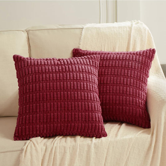 2 Packs Christmas Wine Red Decorative Throw Pillow Covers 18X18 Inch for Living Room Couch Bed Sofa, Modern Farmhouse Boho Home Decor, Soft Corduroy Burgundy Square Cushion Case 45X45 Cm