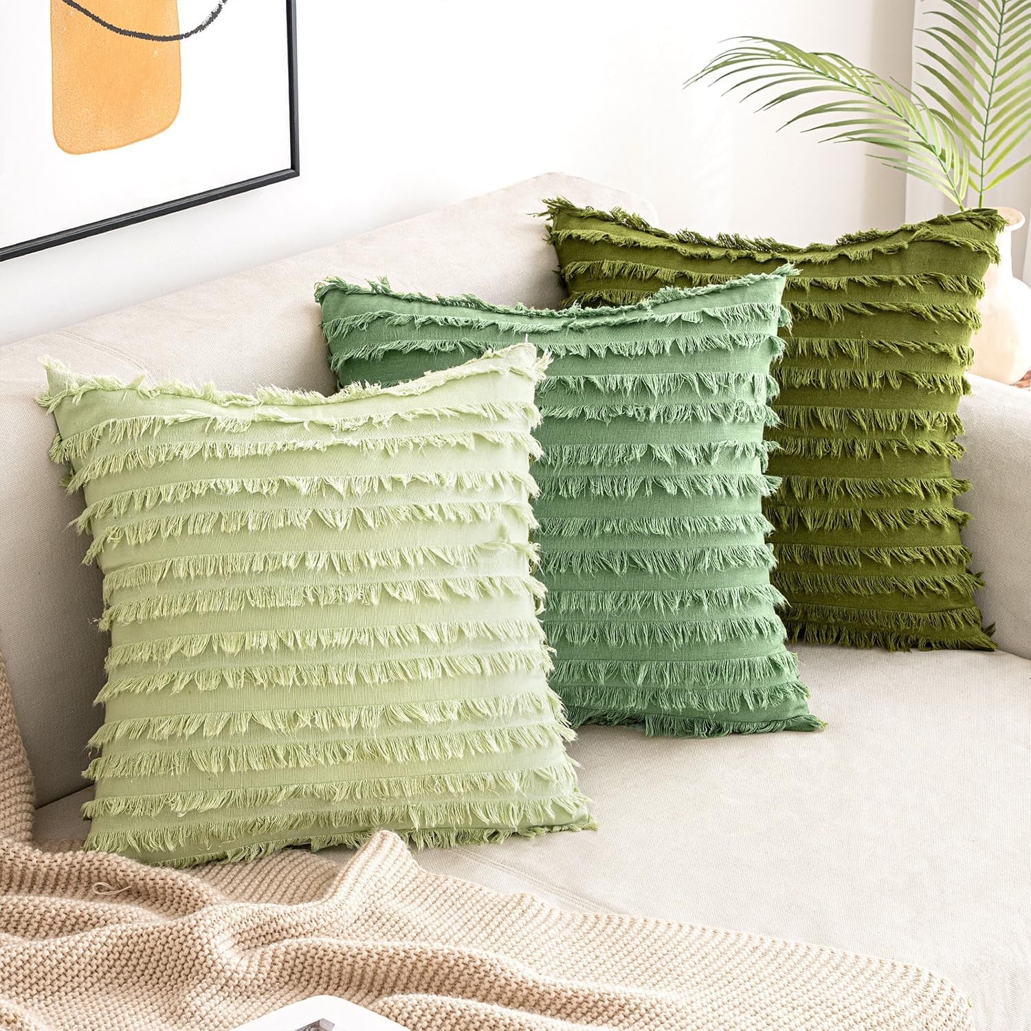 Set of 2 Decorative Boho Throw Pillow Covers Linen Striped Jacquard Pattern Cushion Covers for Spring Sofa Couch Living Room Bedroom 18X18 Inch Grass Green
